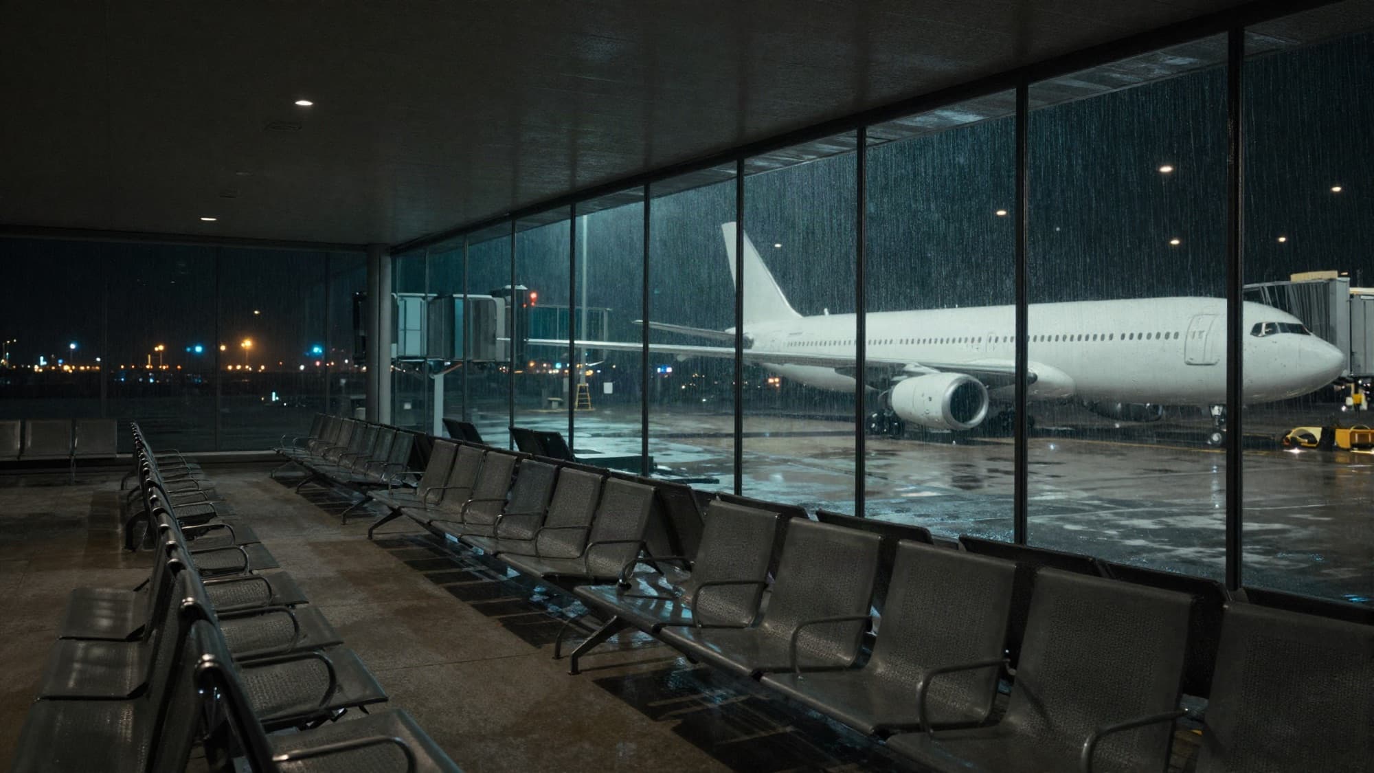An empty airport departure gate late at night, rain running down the glass, an aircraft waiting at the jetbridge.