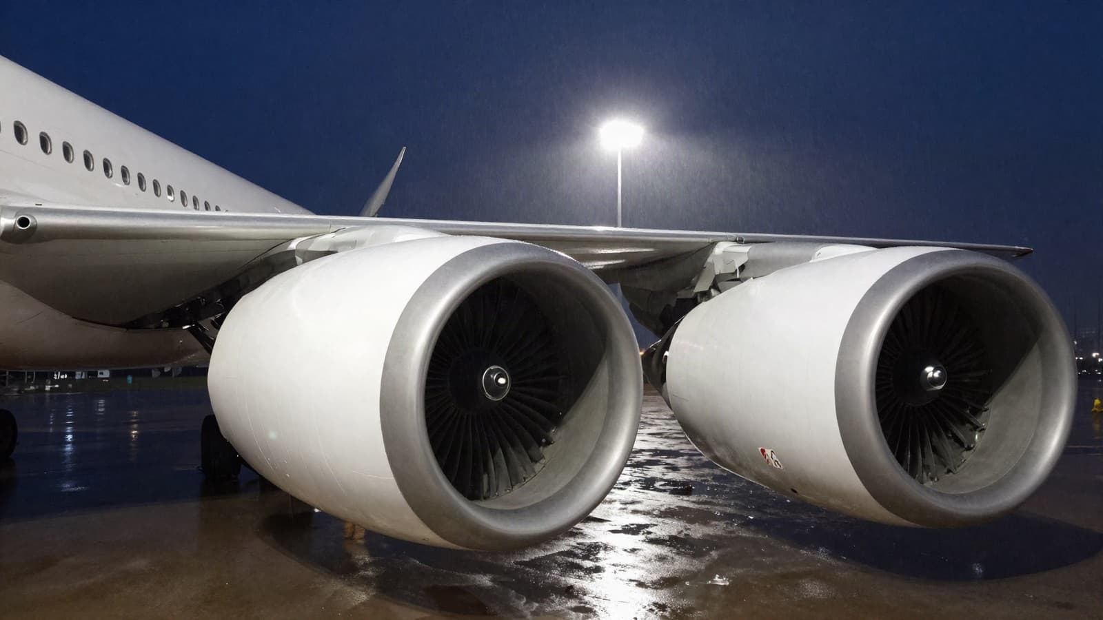 Jet engines under the wing of a parked airliner on a wet apron at night.